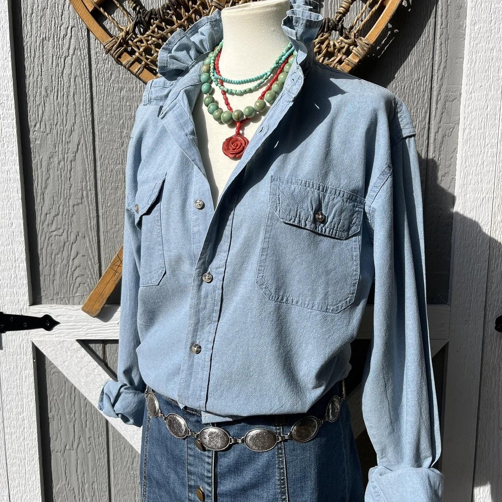Upcycled Wrangler Workwear Chambray Blue Coastal Cowgirl Ruffle Collar Shirt L